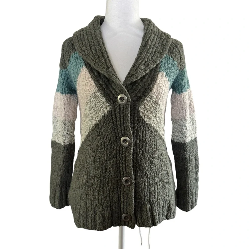 Free People Chunky Knit Shawl Collar Geometric Cardigan Sweater